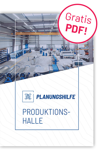 Katalogseite Titelseite mit Link für kostenlose PDF-Planungshilfe Dokument Produktionshalle Fertigungshalle