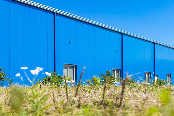 Blaue Industriehalle mit Anpflanzung